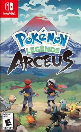 Pokemon Legends: Arceus box art featuring several Pokemon, against a landscape of Hisui